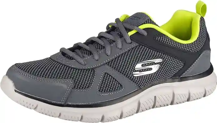 Zapatillas Skechers Track Bucolo para hombre, diseñadas para running y uso casual, con materiales de punto transpirables, amortiguación de espuma viscoelástica y ajuste cómodo. Ofrecen máxima comodidad en cada paso, perfectas para entrenamientos, caminatas largas y actividades cotidianas. Innovación y estilo deportivo en un solo modelo.