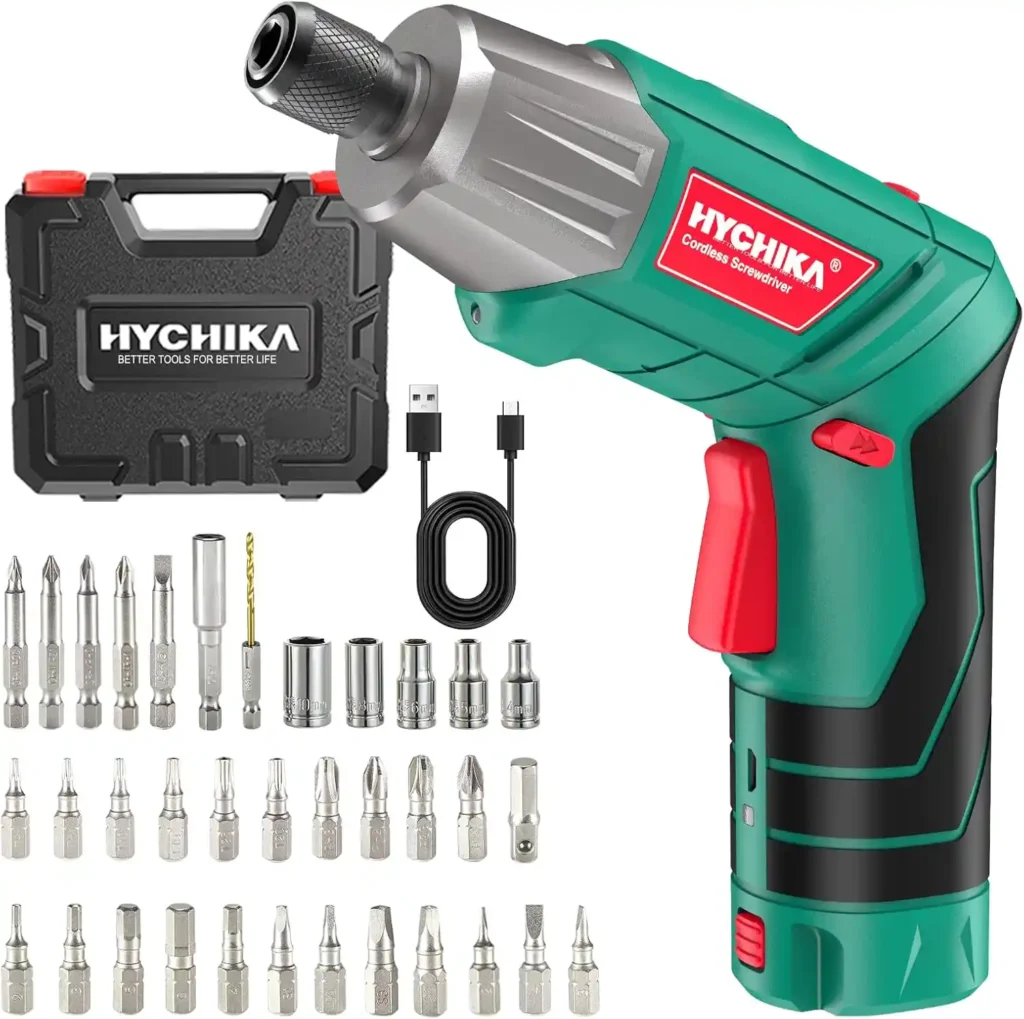 Atornillador eléctrico HYCHIKA 6Nm con 3.6V, batería 2.0Ah, luz LED, cable USB, 35 accesorios y estuche portátil, ideal para reparaciones en el hogar.