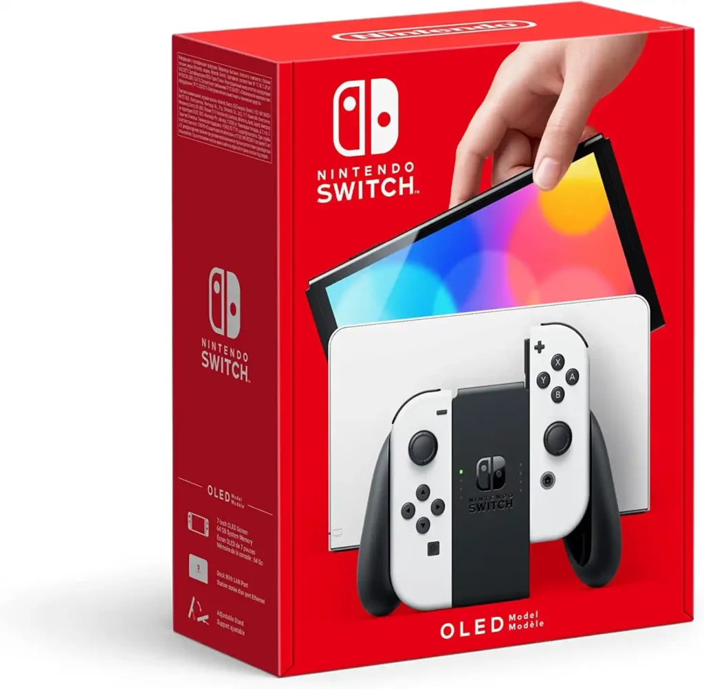 Nintendo Switch OLED: consola con pantalla OLED de 7 pulgadas, colores intensos y alto contraste. Disfruta de juegos en modo portátil, sobremesa o televisor. Soporte ancho ajustable, base con puerto LAN para conexión estable, 64 GB de almacenamiento expandible y audio optimizado. Ideal para partidas multijugador con mandos Joy-Con extraíbles, donde y cuando quieras.