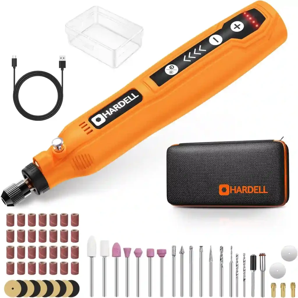 Mini amoladora eléctrica Hardell de 3.7V, 5 velocidades, 61 accesorios, luz LED, ideal para taladrado, pulido y proyectos de bricolaje detallados.
