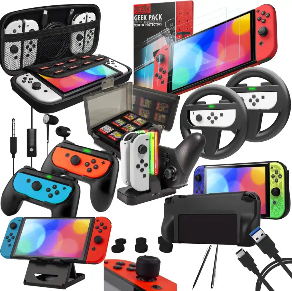 Orzly Ultimate Switch Accessories Bundle incluye funda protectora, protectores de pantalla de vidrio templado (x2), volantes de carreras (x2), empuñaduras Joy-Con (x2), estación de carga para Joy-Con y Pro-Controller, soporte de juego, estuche para cartuchos, auriculares, cable USB y stylus, todo para mejorar tu experiencia de juego en Nintendo Switch
